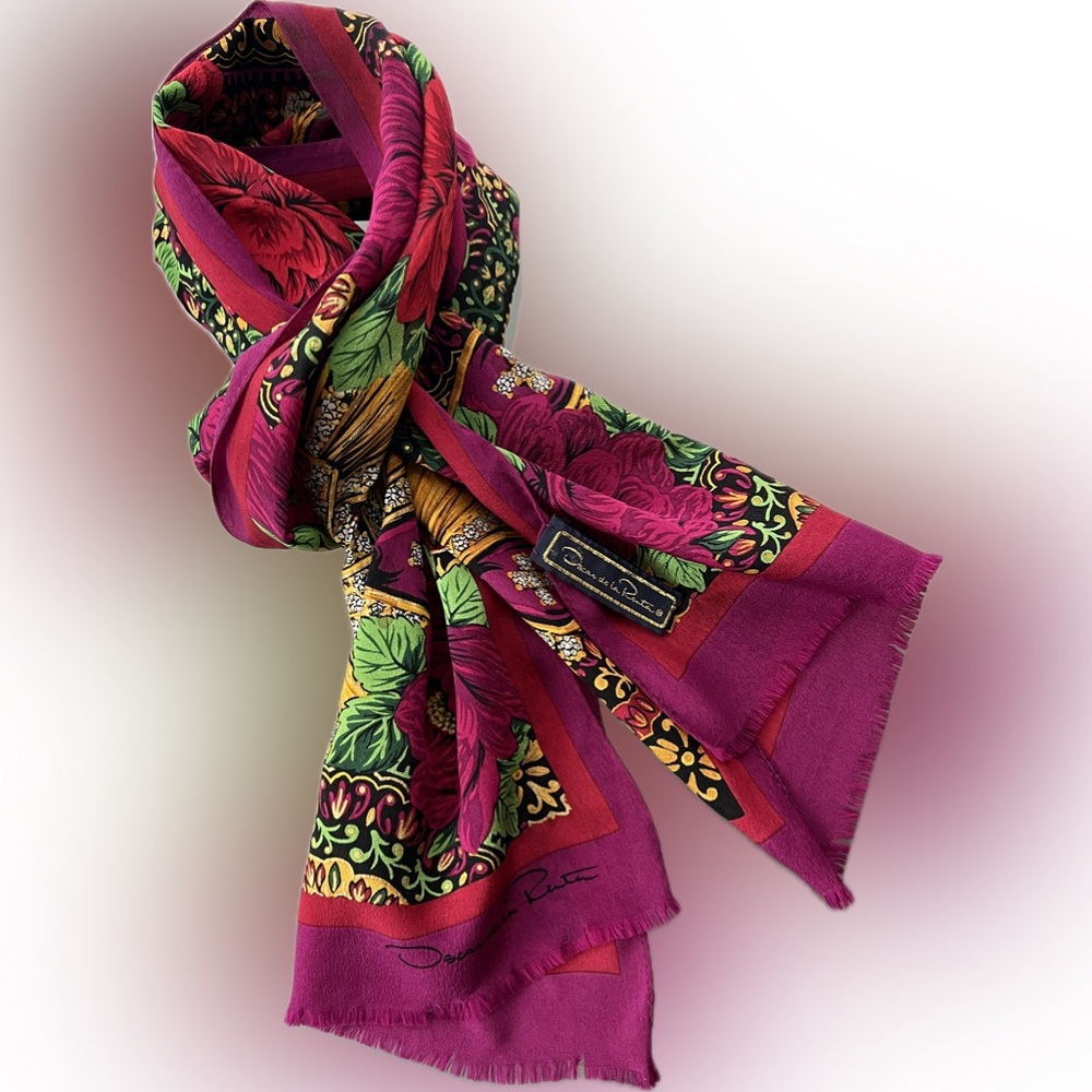 🌺Vibrant Sheer Silk Pink Floral Scarf by Oscar de la Renta | 51”x10.5” - Picture 8 of 17